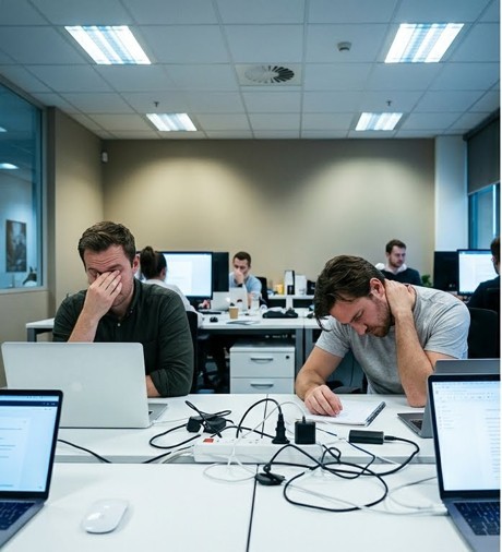 Men in office suffering from overwhelm, fatigue and burnout