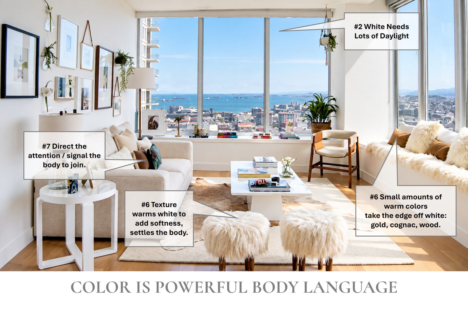 Designing with white: bright living room with ocean view, sheepskins and wood floors, annotated with tips
