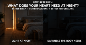Split image of the same bedroom at night. The left side shows warm light spilling through a doorway; the right side shows the bedroom in near-complete darkness.