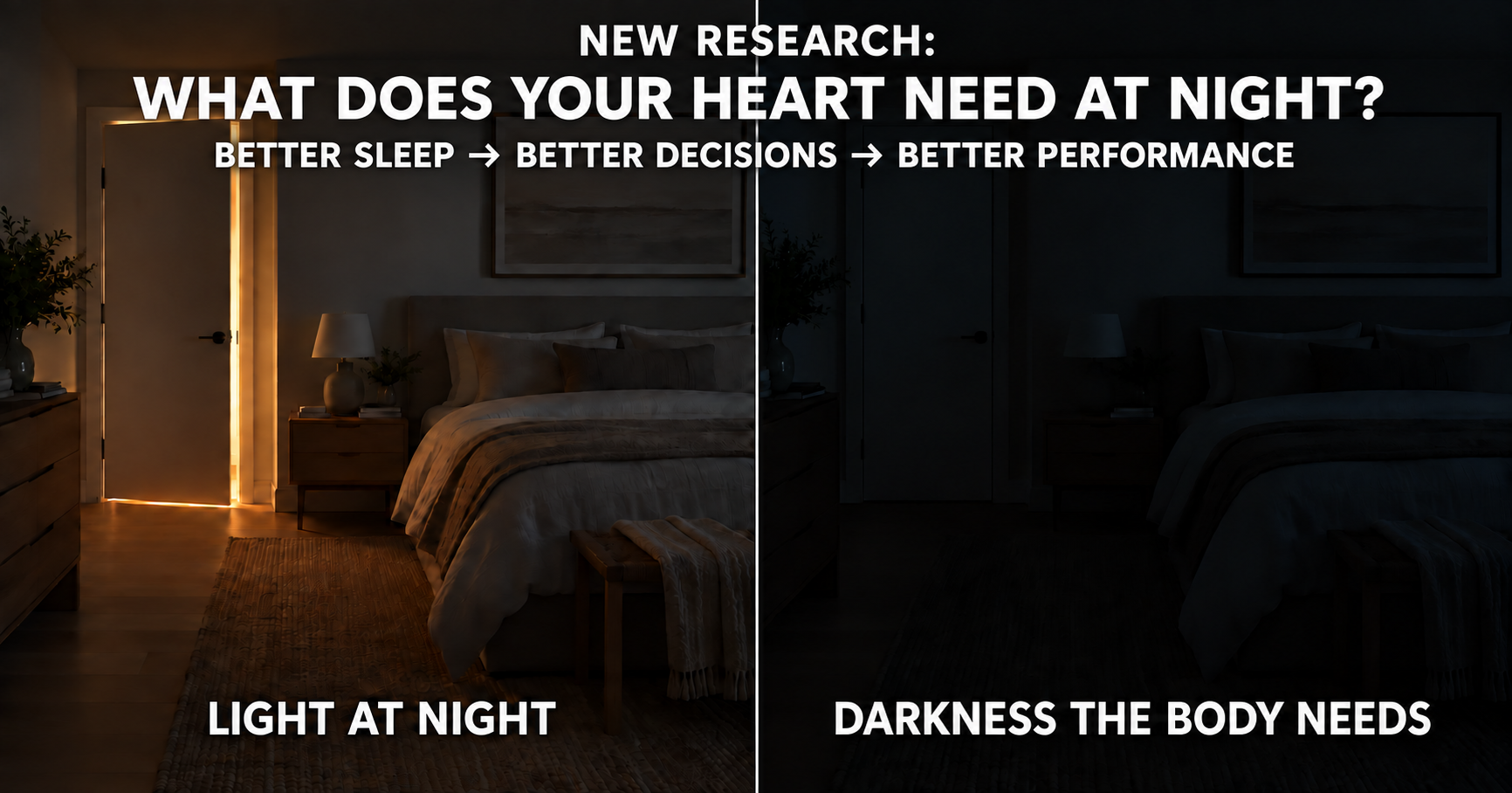 Split image of the same bedroom at night. The left side shows warm light spilling through a doorway; the right side shows the bedroom in near-complete darkness.